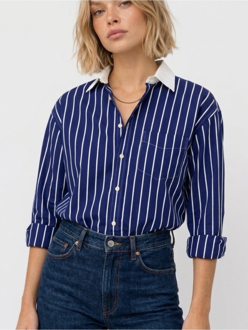 Polo Ralph Lauren Blue & White Vertical Striped Long-Sleeve Button Up Women 8
